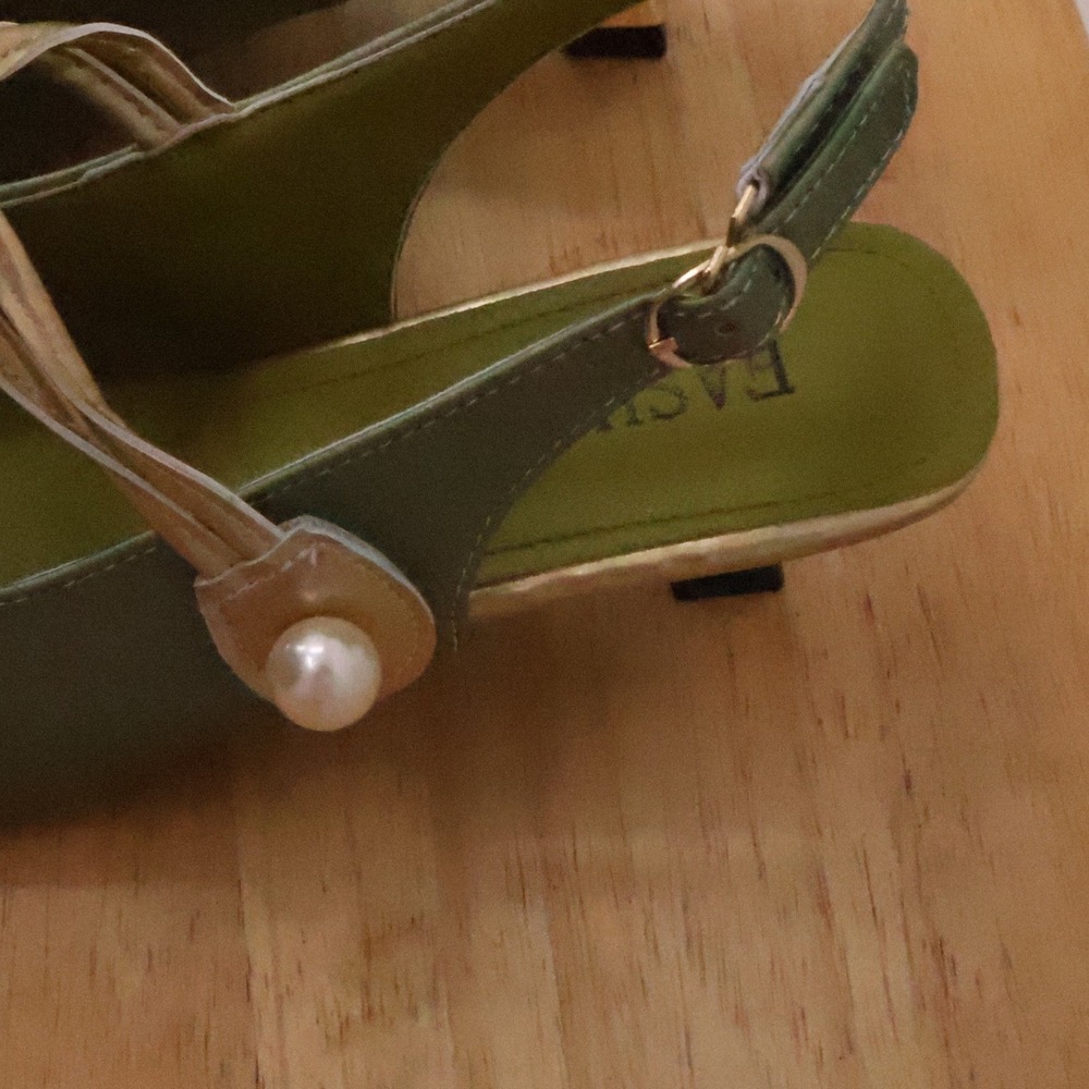 Sage Green Gold Slingback Kitten Heel Womens Size 8.5 Regency Victorian Costume - Picture 2 of 14